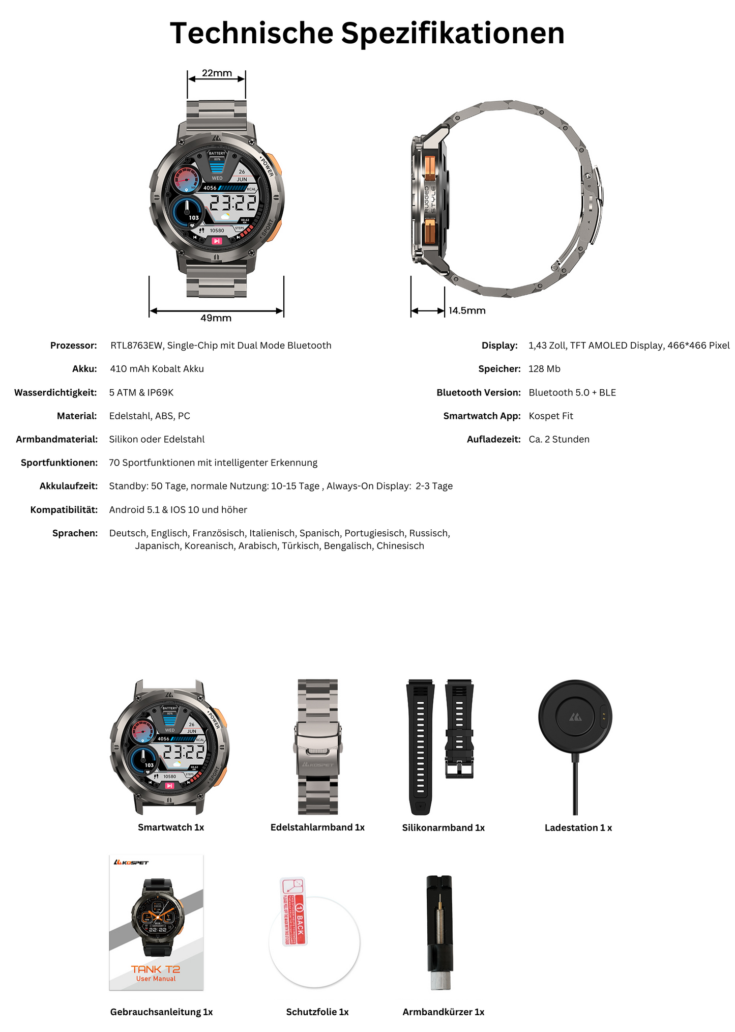 Smartwatch 5ATM Militär Kospet Tank T2