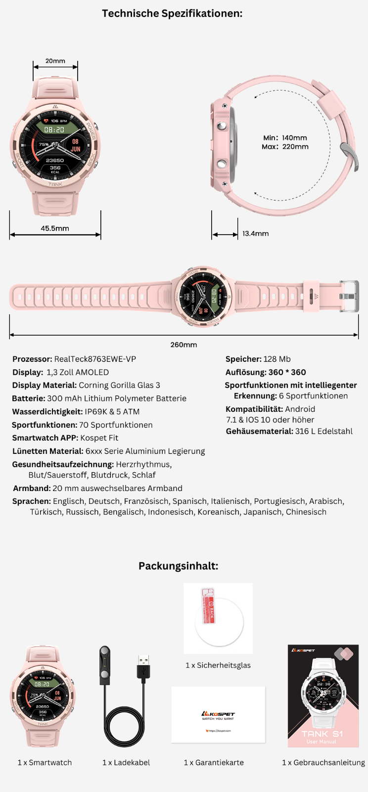 Smartwatch Militär 5 ATM Kospet Tank S1